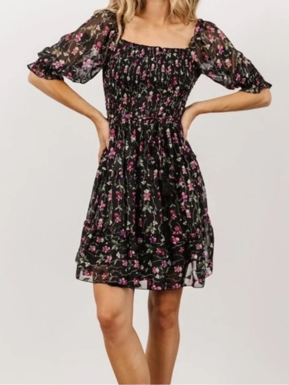 Baltic Born Black Floral Smocked Mini Dress with Pink Flowers